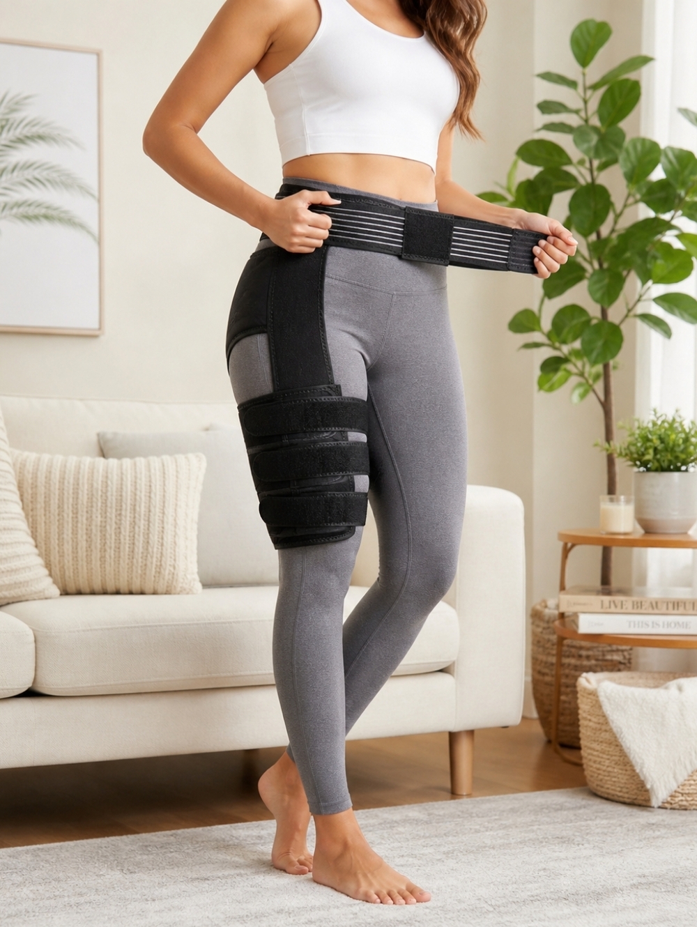 Hip & Thigh Brace for Sciatica Pain Relief Women L Black Adjustable Compression